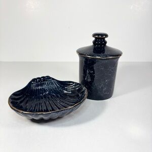 Vtg Ceramic Blue Mirabel Gold Accent Sea Clam‎ Soap Dish Lidded Jar Bathroom Set